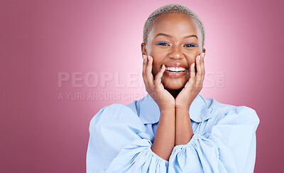 Buy stock photo Portrait, mockup or happy black woman with beauty or smile in studio isolated on purple background. Face dermatology, brand space or natural African model with glow, skincare or cosmetology cosmetics
