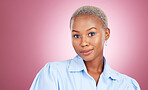 Beauty, makeup and portrait of black woman in a studio with cosmetic, glamour and face routine. Happy, smile and young African female model with a cosmetology facial treatment by a pink background.