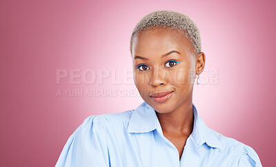 Buy stock photo Beauty, makeup and portrait of black woman in a studio with cosmetic, glamour and face routine. Happy, smile and young African female model with a cosmetology facial treatment by a pink background.
