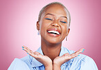 Makeup, relax or black woman laughing with beauty or smile in studio isolated on purple background. Face dermatology results, person or happy African model with glow, skincare cosmetics or wellness