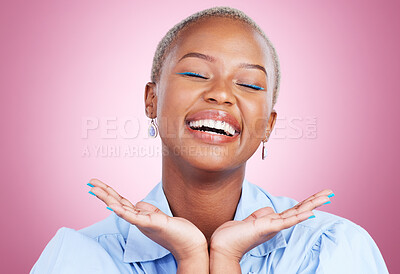 Buy stock photo Makeup, relax or black woman laughing with beauty or smile in studio isolated on purple background. Face dermatology results, person or happy African model with glow, skincare cosmetics or wellness