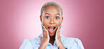 Wow, surprise and black woman with hands on face in studio for beauty, sale or news on pink background. Wtf, shock and portrait of African female model shocked by cosmetic, deal or promo announcement