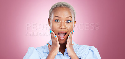Buy stock photo Wow, surprise and black woman with hands on face in studio for beauty, sale or news on pink background. Wtf, shock and portrait of African female model shocked by cosmetic, deal or promo announcement