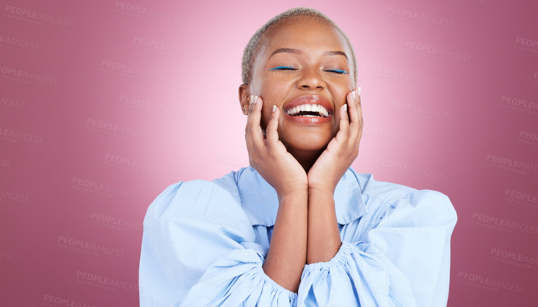 Buy stock photo Makeup, mockup or happy black woman with beauty or smile in studio isolated on purple background. Face dermatology, brand space or natural African model with glow, skincare or cosmetology cosmetics