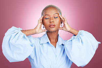Buy stock photo Stress, headache and black woman in studio with anxiety, worry or brain fog on pink background. Hands, face and African female with temple massage for migraine, vertigo or choice, mistake and crisis