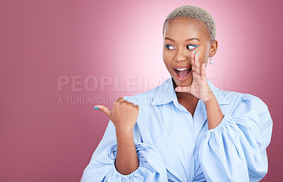 Buy stock photo Pointing, secret and a woman in studio for surprise advertising, marketing or announcement. Happy face of an excited African person on a pink background with hand for choice, gossip or mockup space