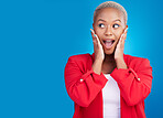 Hands on face, surprise and a woman in studio for wow advertising, marketing or announcement. Happy emoji of an excited African person on a blue background for news, mockup space or fashion promotion