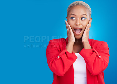 Buy stock photo Hands on face, surprise and a woman in studio for wow advertising, marketing or announcement. Happy emoji of an excited African person on a blue background for news, mockup space or fashion promotion