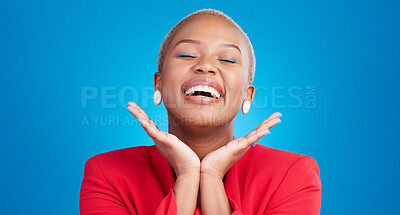Buy stock photo Happy, beauty and young black woman in a studio with an excited, confident or positive attitude. Makeup, smile and African model with happiness, hands and cosmetic face isolated by blue background