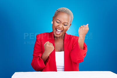 Buy stock photo Business, excited and black woman with celebration, winning and success on a blue studio background. Person, model and entrepreneur with startup, happiness and victory with achievement and promotion