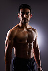 Topless, muscle and portrait of Asian man in dark background for fitness inspiration, beauty aesthetic or sexual body. Shadow aesthetic, male sports model or muscular body builder in studio lighting.