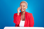Beauty, laugh and portrait of black woman in a studio with cosmetic, glamour and face routine. Happy, smile and young African female model with a cosmetology facial treatment by a blue background.