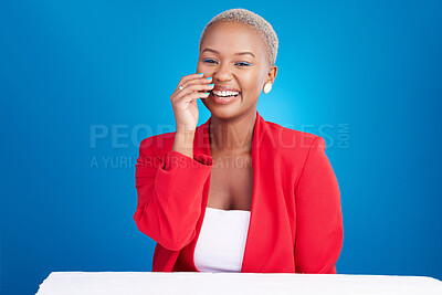Buy stock photo Beauty, laugh and portrait of black woman in a studio with cosmetic, glamour and face routine. Happy, smile and young African female model with a cosmetology facial treatment by a blue background.