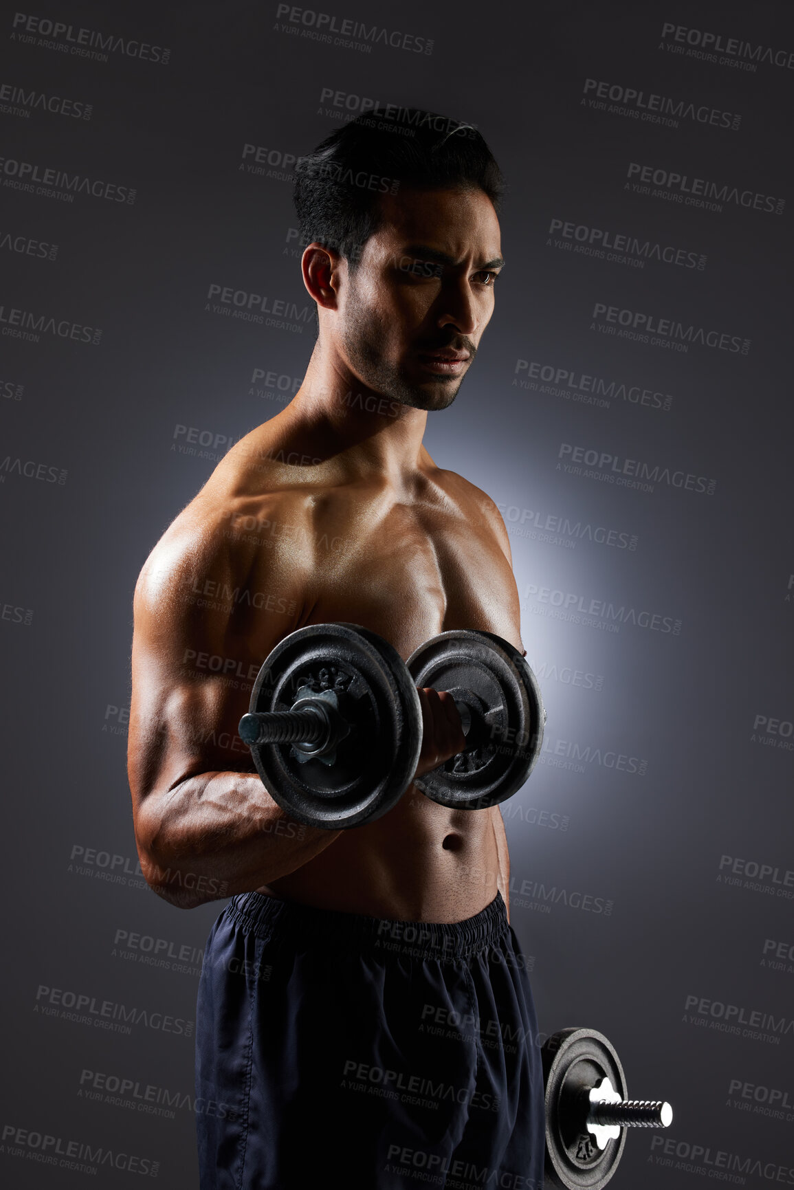 Buy stock photo Thinking, dark and a man with weights on a black background for muscle, fitness and exercise. Sports, idea and an Asian bodybuilder or strong athlete doing weightlifting for training with power