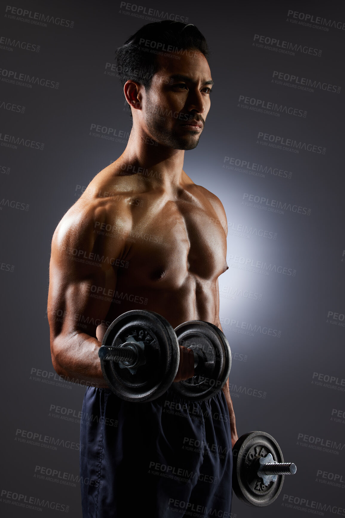 Buy stock photo Fitness, dark and a man with weights on a black background for muscle, health and exercise. Sports, idea and an Asian bodybuilder or strong athlete doing weightlifting for training with power