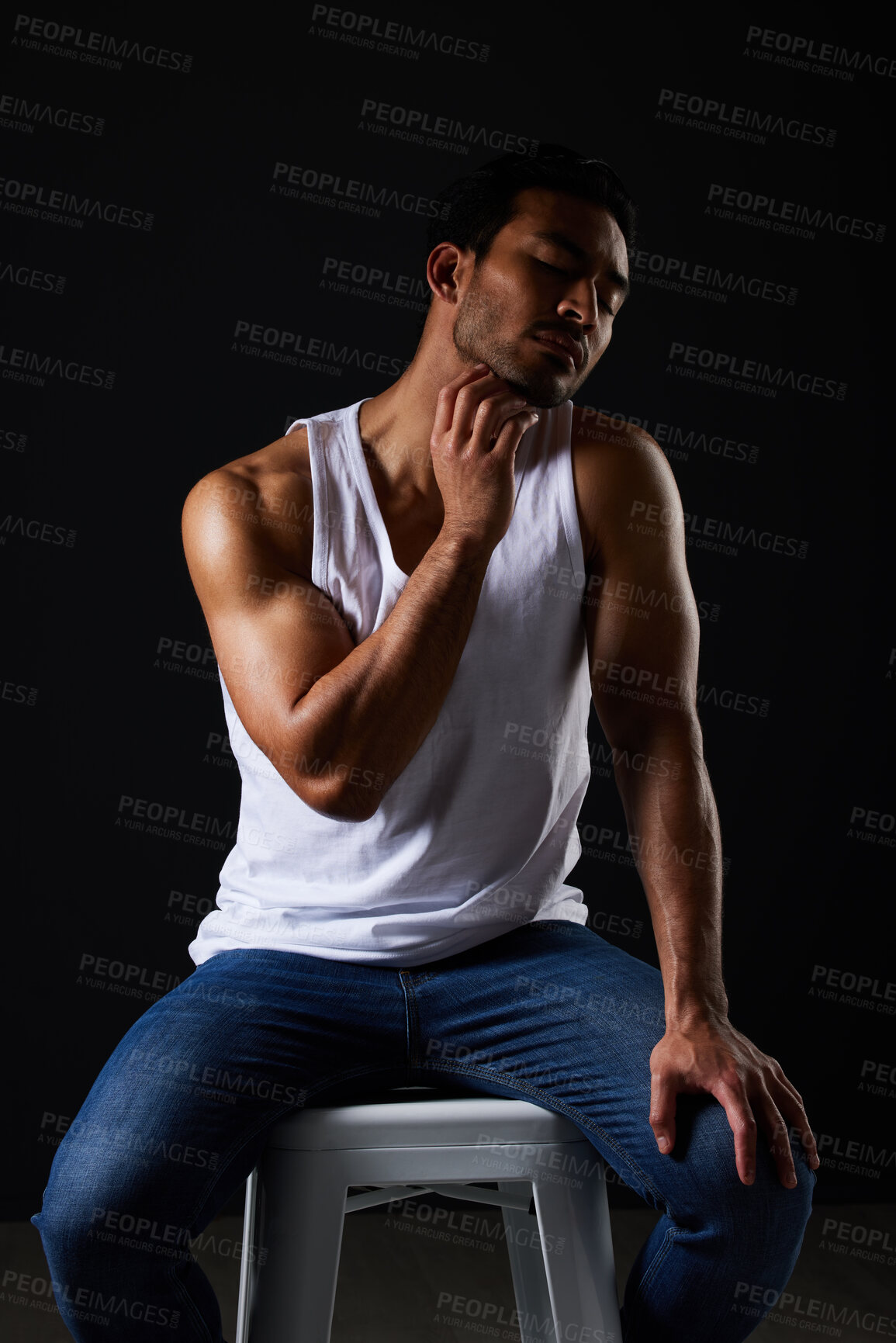 Buy stock photo Sexy muscular man on chair in studio with fitness inspiration, beauty aesthetic and sensual fashion. Erotic art, sexual body and male model sitting on black background, thinking in dark lighting.