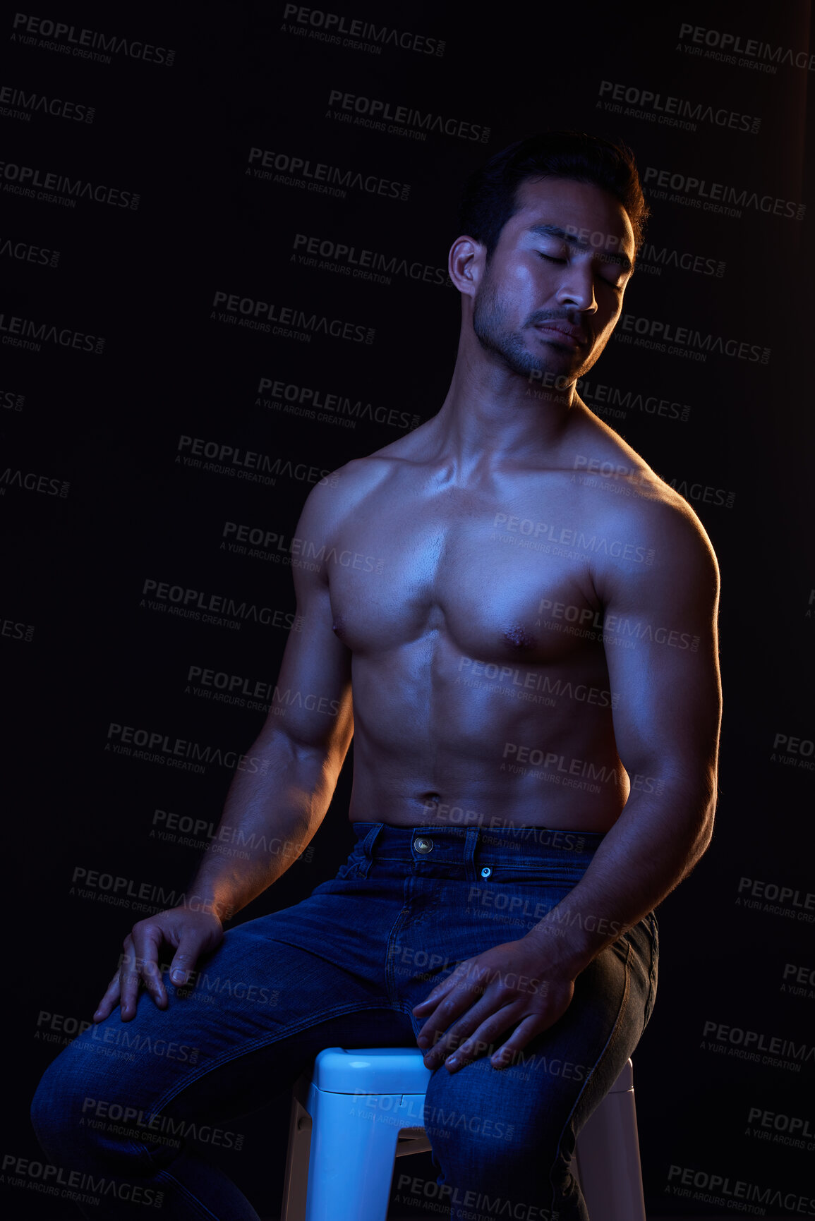 Buy stock photo Topless, sexy man in dark studio for fitness inspiration, beauty aesthetic or sensual fantasy. Erotic art, sexual body and seductive male model with muscle, black background and neon blue lighting.