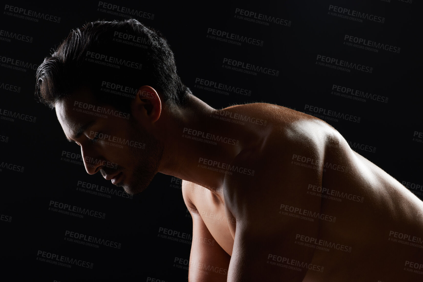 Buy stock photo Exercise, strong and studio man doing push up challenge, gym fitness routine and workout for muscle building. Dark shadow light, body training development and calm sports athlete on black background