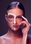 Neon light, makeup and portrait of woman in studio with creative, beauty and abstract aesthetic. Cosmetic, art and headshot of young female model from Canada with facial paint by black background.