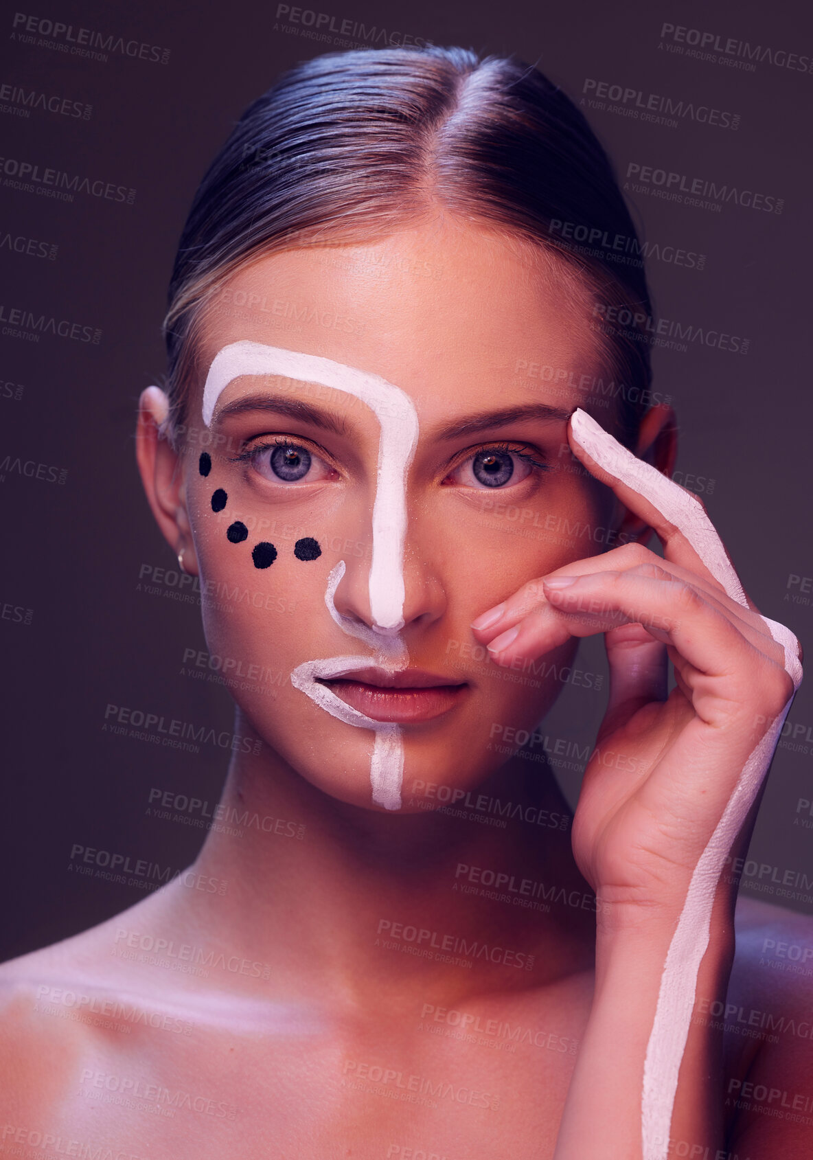 Buy stock photo Neon light, makeup and portrait of woman in studio with creative, beauty and abstract aesthetic. Cosmetic, art and headshot of young female model from Canada with facial paint by black background.
