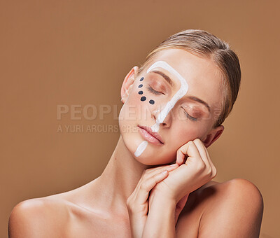 Buy stock photo Art, makeup and young woman in studio with creative, beauty and abstract face aesthetic. Cosmetic, design and headshot of female model from Australia with cosmetology facial paint by brown background