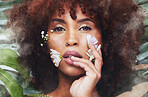 Skincare, portrait and black woman with flowers for beauty, creative art or eco friendly cosmetics from nature or forest. Natural, face and model with flower makeup and healthy or organic skin care