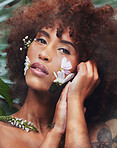 Black woman, art and portrait for skincare with flowers in beauty, creative or eco friendly cosmetics from nature or forest. Natural, face and model with flower makeup or healthy organic skin care