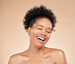 Skincare, beauty and black woman with eyes closed, excited and isolated on brown background in studio. Smile, natural cosmetics and African model in facial treatment for aesthetic, wellness or health