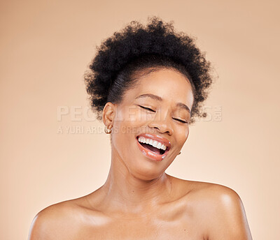 Buy stock photo Skincare, beauty and black woman with eyes closed, excited and isolated on brown background in studio. Smile, natural cosmetics and African model in facial treatment for aesthetic, wellness or health