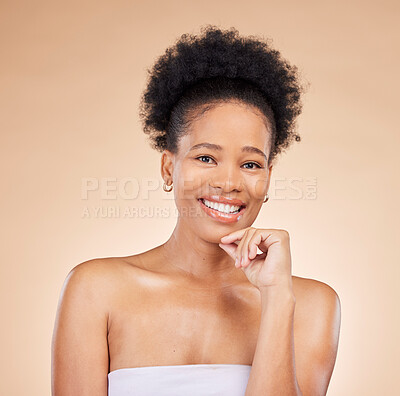 Buy stock photo Face, skincare and beauty of black woman, happy and isolated on a brown background in studio. Portrait smile, natural cosmetics and African model in facial treatment for aesthetic, wellness or health