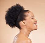 Profile, skincare and beauty of black woman, smile and isolated on brown background in studio. Thinking, natural cosmetics and African model in spa facial treatment for aesthetic, wellness and health