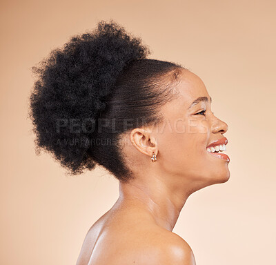 Buy stock photo Profile, skincare and beauty of black woman, smile and isolated on brown background in studio. Thinking, natural cosmetics and African model in spa facial treatment for aesthetic, wellness and health