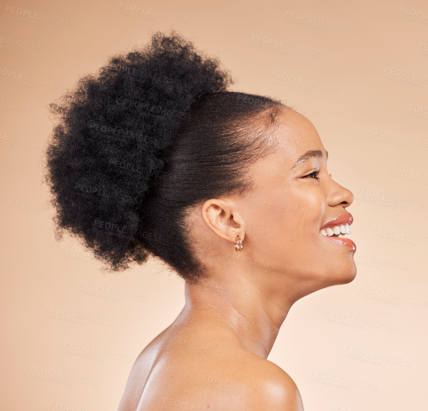 Buy stock photo Profile, skincare and beauty of black woman, smile and isolated on brown background in studio. Thinking, natural cosmetics and African model in spa facial treatment for aesthetic, wellness and health