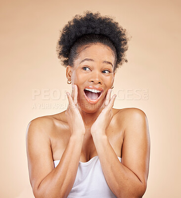 Buy stock photo Woman, wow and skincare results in studio, beauty or thinking with natural glow, idea and background. African girl, model and happy with surprise, shock or transformation for face, aesthetic or skin