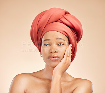 Buy stock photo Thinking, beauty and black woman in studio with hair scarf, idea or natural cosmetic questions on brown background. Face, skincare and African lady model with head wrap, wellness or glow treatment