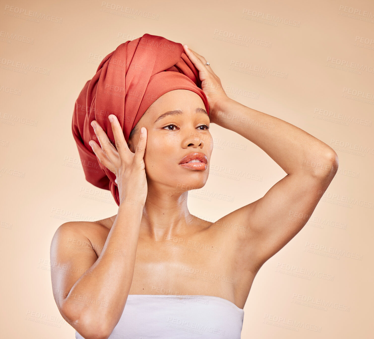 Buy stock photo Hair, scarf and black woman in studio for wellness, beauty or natural cosmetics on brown background. Headwrap, pride and African lady model with glowing or skincare satisfaction, results or treatment