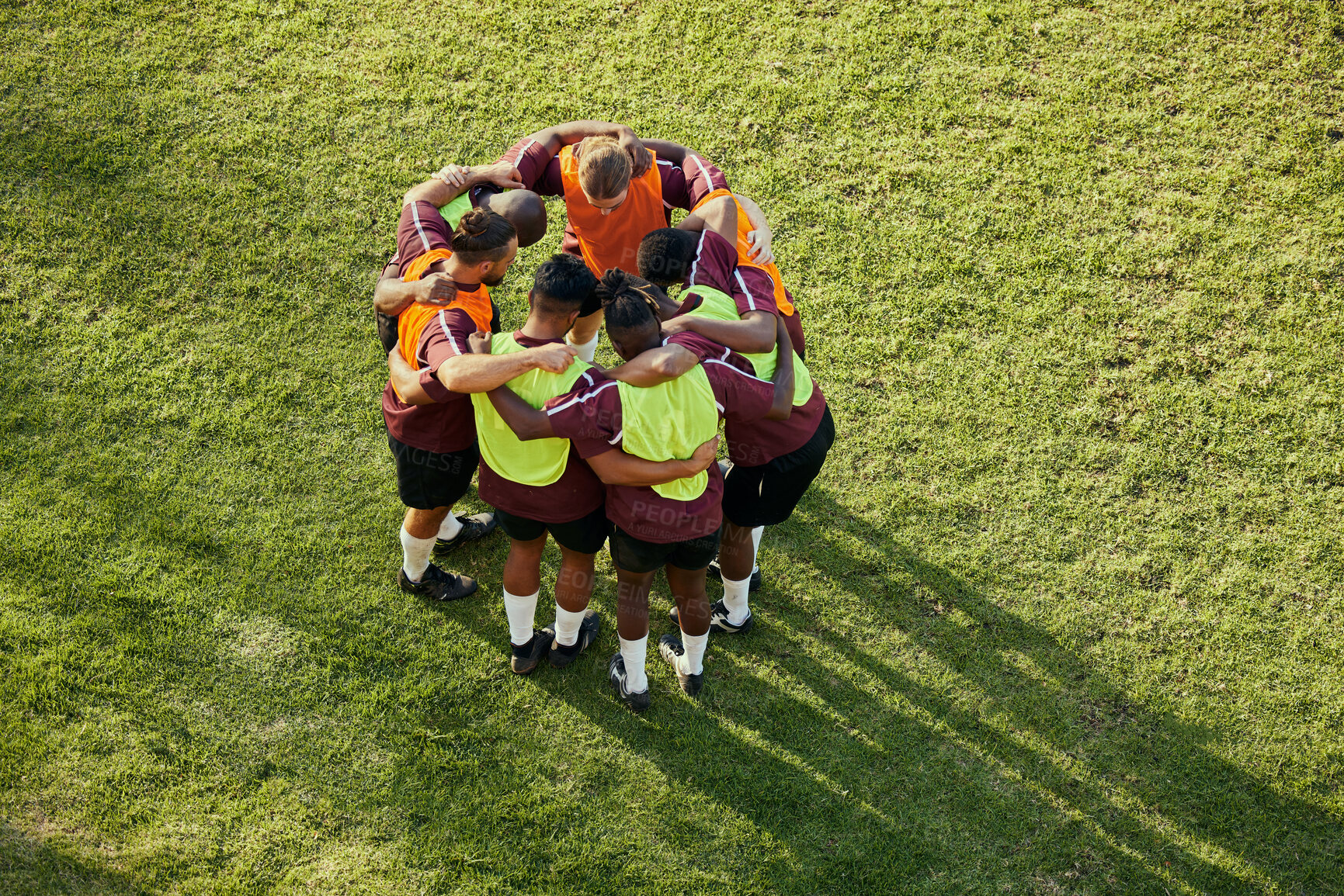 Buy stock photo Top view, soccer and team with huddle, people and fitness with support, wellness and cooperation. Group, athletes and friends with hug, exercise and motivation with collaboration with competition