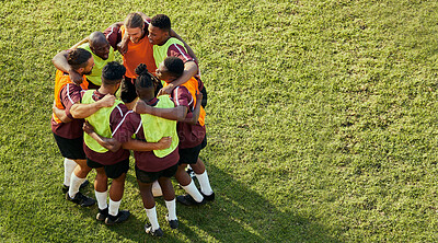 Buy stock photo Soccer group, men and huddle for motivation, support and game strategy talk on sport field. Above, grass and exercise of a training team together with solidarity and friends outdoor for competition