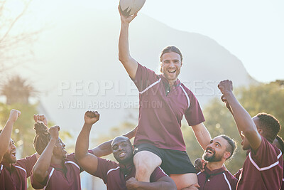 Buy stock photo Portrait, sports and rugby team celebrate teamwork, carry player and happy for game victory, competition point or match try. Success motivation, champion winner and group fist pump, excited or cheers