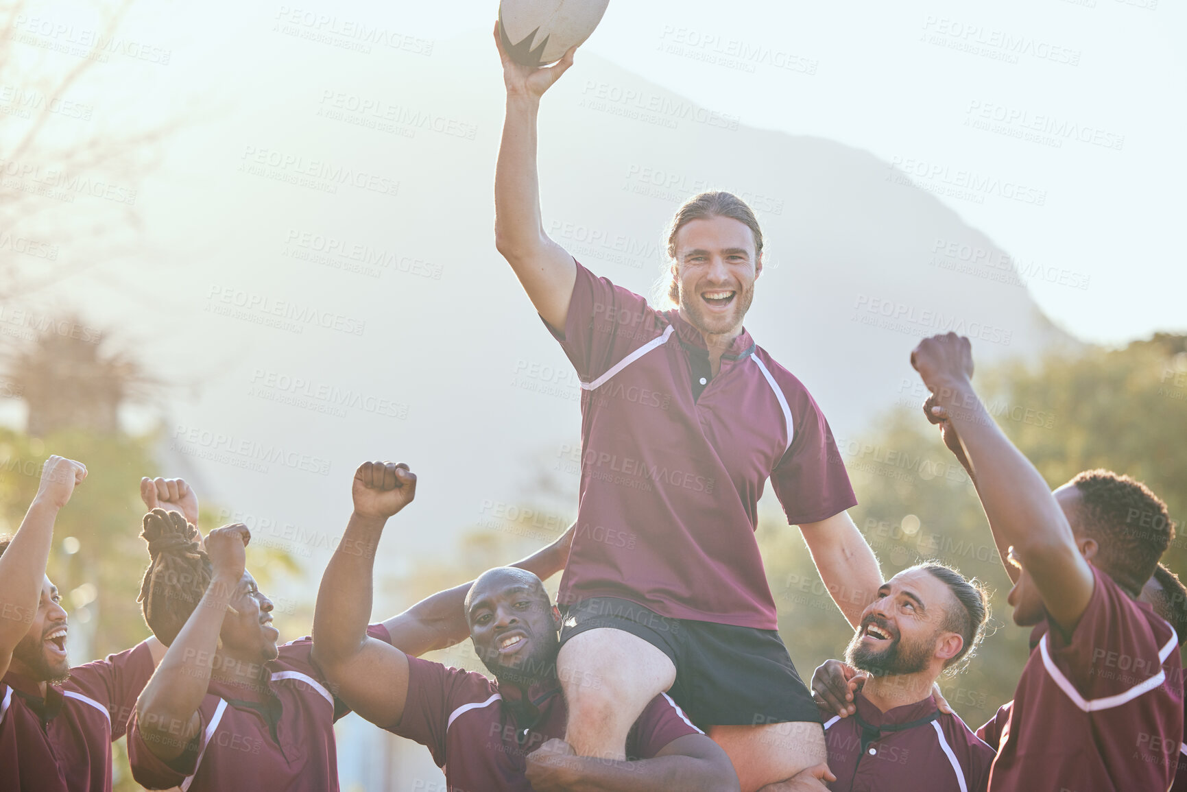 Buy stock photo Portrait, sports and rugby team celebrate teamwork, carry player and happy for game victory, competition point or match try. Success motivation, champion winner and group fist pump, excited or cheers