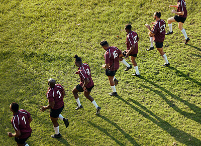 Buy stock photo Sports, team and men in field for training, workout and exercise on grass for rugby competition. Fitness, collaboration and line of athletes stretching for practice, match and game or challenge