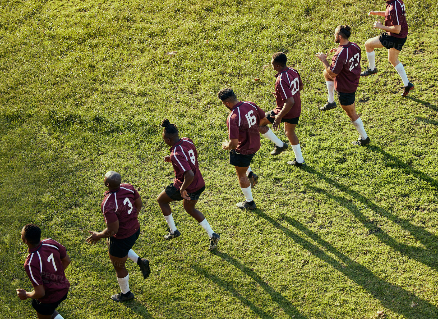 Buy stock photo Sports, team and men in field for training, workout and exercise on grass for rugby competition. Fitness, collaboration and line of athletes stretching for practice, match and game or challenge