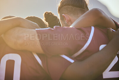 Buy stock photo Huddle, sports and teamwork with people on field for health, challenge and championship. Support, community and rugby match with group of men training in stadium for fitness, friends and games