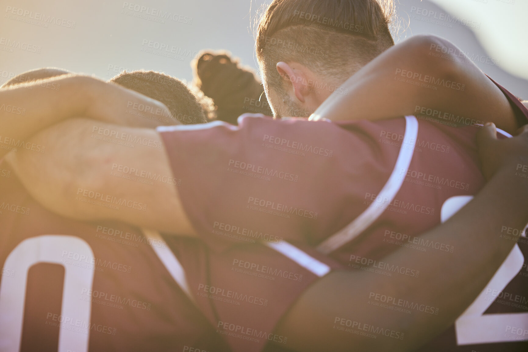 Buy stock photo Huddle, sports and teamwork with people on field for health, challenge and championship. Support, community and rugby match with group of men training in stadium for fitness, friends and games