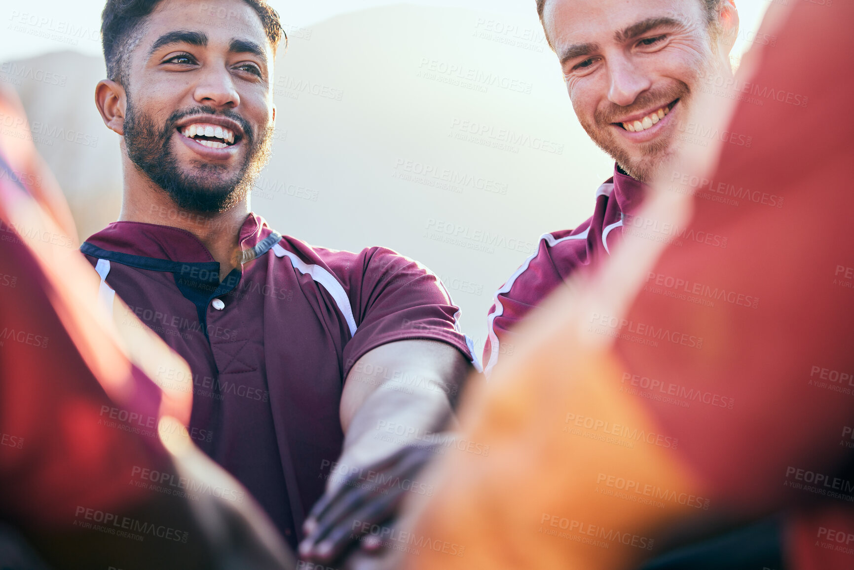 Buy stock photo Hands together, sports and happy people huddle, group team building and solidarity for competition, match or game. Mission goal, teamwork celebration and excited player happy for tournament challenge