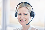 Call center, portrait and woman, consultant or agent in telemarketing, customer support or services. Face of worker for business communication, professional chat or virtual e commerce and contact us