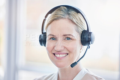 Buy stock photo Call center, portrait and woman, consultant or agent in telemarketing, customer support or services. Face of worker for business communication, professional chat or virtual e commerce and contact us