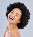 Laughing, natural and portrait of happy woman with beauty skincare isolated in a studio gray background with aesthetic. Skin, African and confident young person with healthy dermatology cosmetic care
