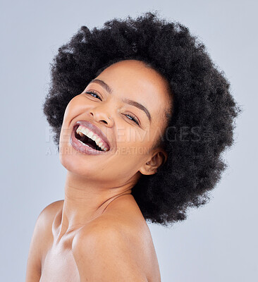 Buy stock photo Laughing, natural and portrait of happy woman with beauty skincare isolated in a studio gray background with aesthetic. Skin, African and confident young person with healthy dermatology cosmetic care