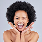 Face, natural and portrait of black woman with beauty skincare isolated in a studio gray background and happy. Skin, African and confident young person with healthy dermatology cosmetic care